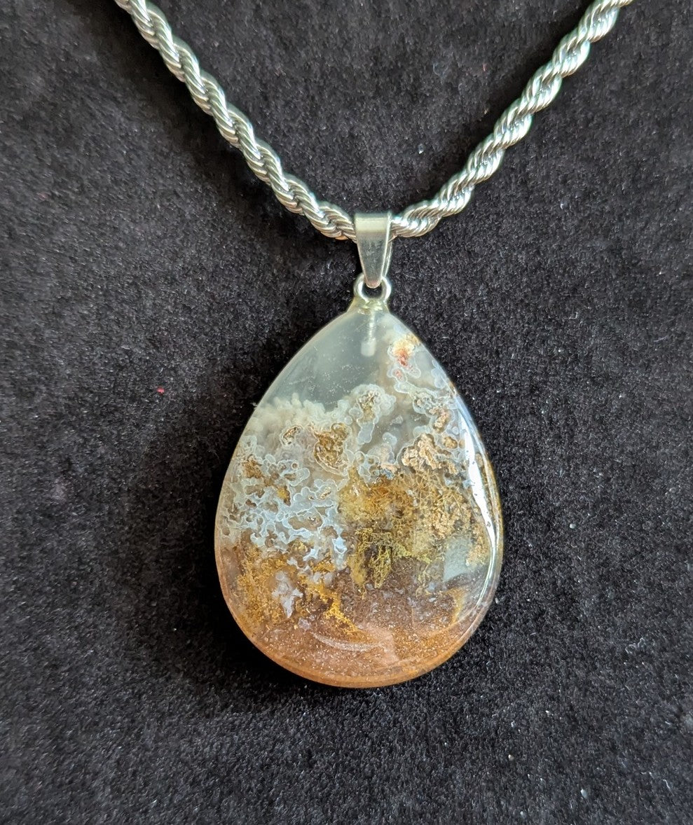 Moss Agate Cabochon Pendant on a 20" Hypoallergenic Stainless Steel Chain
