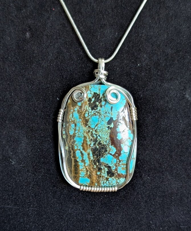 Number 8 Turquoise Wire Wrapped Pendant with silver chain
