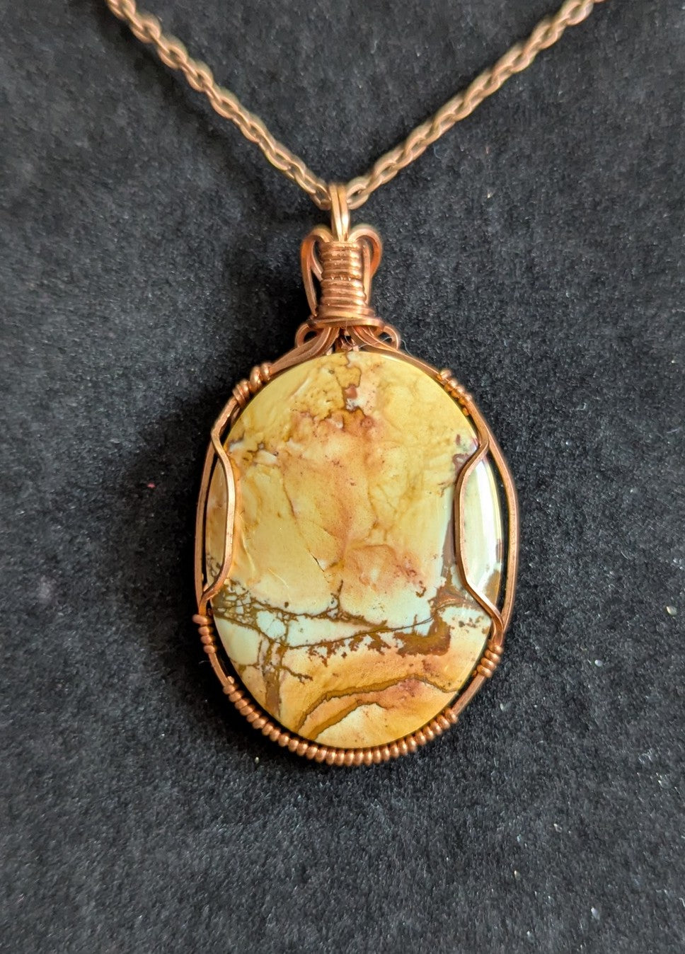 Owyhee Picture Jasper Wire Wrapped Cabochon Pendant with copper chain